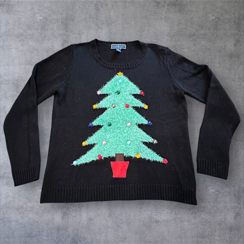 Karen Scott Christmas Tree Ugly Sweater Fuzzy Gems Holiday Size XL